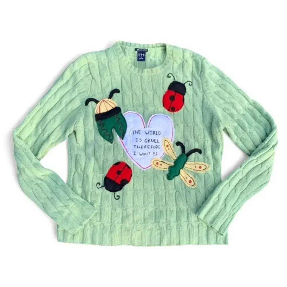 Custom Upcycled Green Wool Bug Patchwork Sweater “The World Is Cruel” M/L